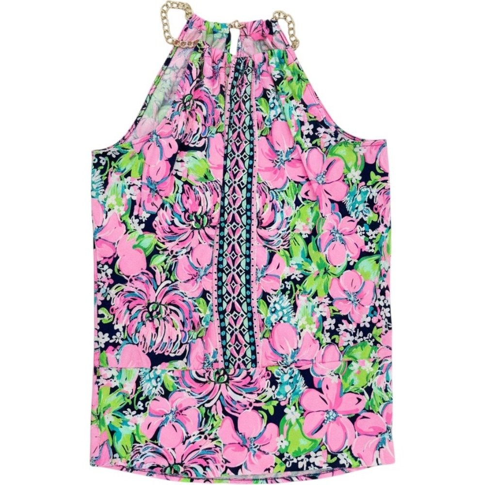 Lilly Pulitzer Womens Pink Floral Gold Chain Halter Top Large RN88189